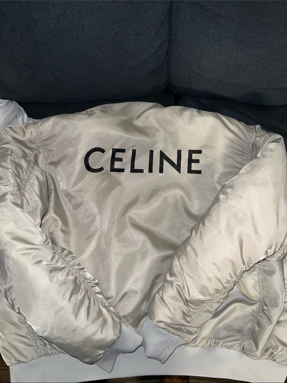 Celine Satin Puffer Jacket in Light Silver with Black Logo